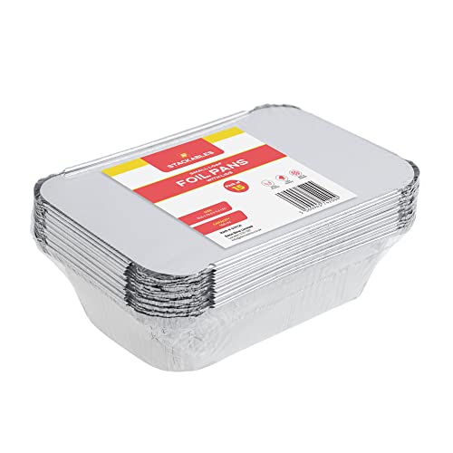 STACKABLES ~ Paquete de 15 bandejas pequeñas de papel de aluminio de 20 x 13,5 x 5,3 cm, con tapas, 750 ml, desechables para hornear, cocinar, congelar y almacenar Cover