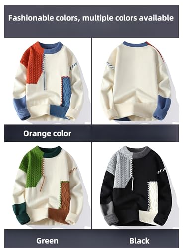 Mens Colorblock Jumper Cable Round Neck Casual Loose Large Size Fit Pullover Knit Warm Chunky Winter Sweaters2