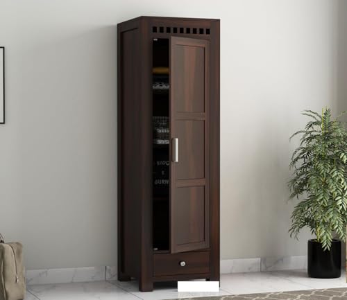 Image of Sheesham Wood Wooden Single Door Wardrobe Organizer for Clothes | - Solid Wood Almirah with 1 Drawers, 4 Shelves - Cupboard for Large Bedroom, Walnut Finish