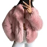 COZYPOIN Womens Faux Fur Jacket Fluffy Fur Cropped Coat Long Sleeve Open Front Fur Cape(Pink-L)