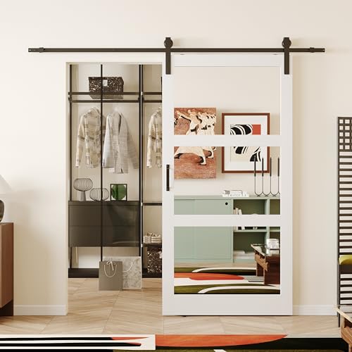 ARKHJEM 3 Panel Mirrored Sliding Barn Door 42''×84'' Barn Door,