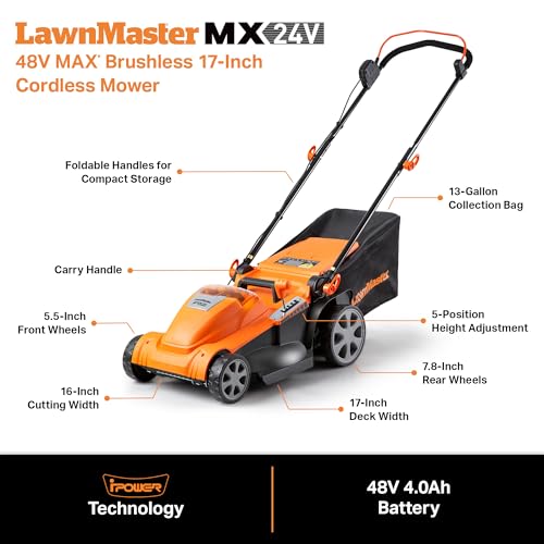 Image of LawnMaster CLMF4817E 48V MAX Brushless Mower with 2X24V MAX 4.0Ah Battery and a Dual Charger