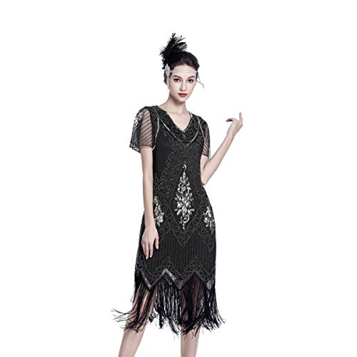 JICAGOM Flapper Dresses 1920s Gatsby Roaring 20s Great 1920 Dress for Women Black and Gold