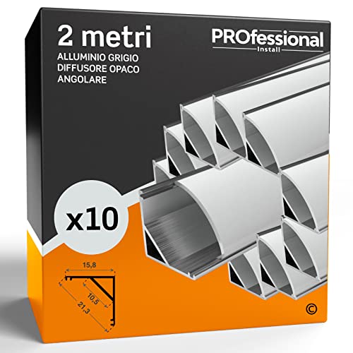 Profilé Aluminium LED d'ANGLE - Profilés Gris 10x 2 mètres (20mt) de 45° degrés - Pour Bandes LED Couvercle Opaque - Dimensions 10.5mm - 21.3 x 15.8 - Comprend Embouts et Clips de Montage en Métal Cover