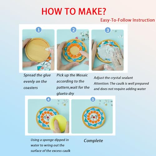 KDBDSYZB 6 Sets DlY Mosaic Tiles for Crafts,Mixed Color Glass Mosaic Kits with Wooden Coaster for Adults,DlY Coasters Kit Mosaic Supplies for Handmade Home Decoration Gift (Round and Square)