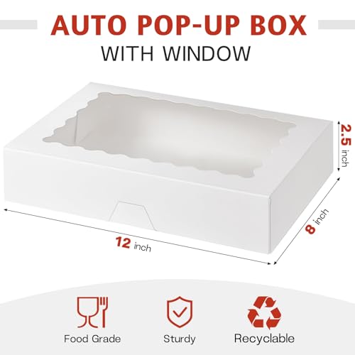 ZORRITA 30 Pack Auto Pop-up Cookie Boxes with Window, 12\" x 8\" x 2.5\" White Bakery Boxes Treat Boxes for Chocolate Covered Strawberries, Sugar Cookies, Cake Pops, Donuts, Cocoa Bombs, Pastries