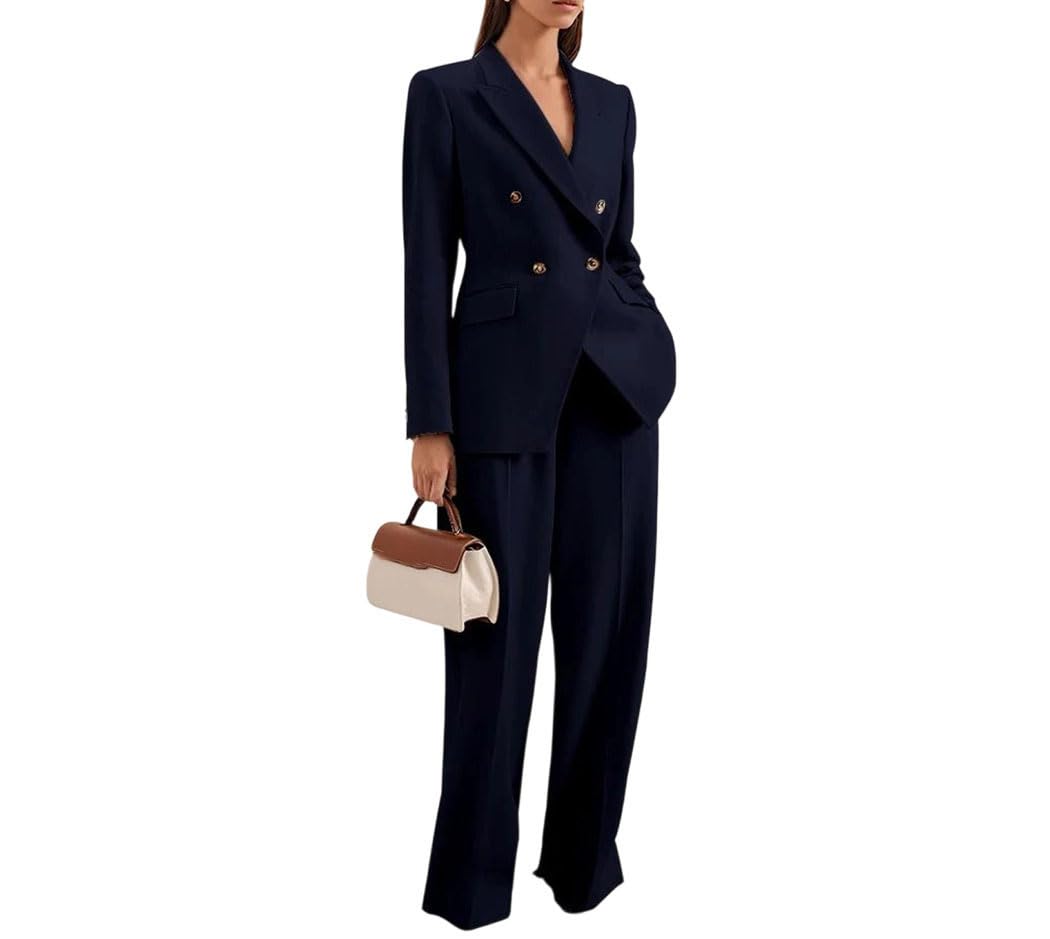 Women Double Breasted Long Sleeve Peak Lapel Blazer and Pants Two Piece Slim Fit Suit Two Piece