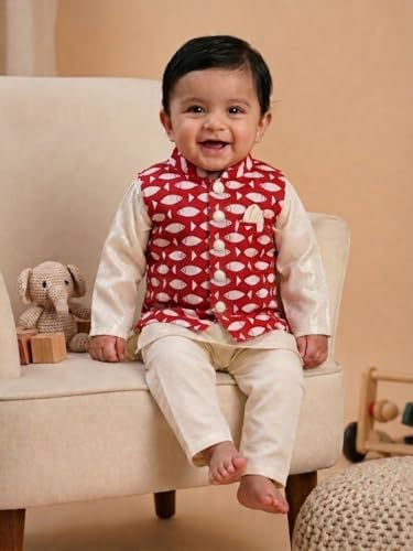 Image of Pspeaches Boys Cotton Full Sleeves Mandarin Collar Printed Kurta & Pyjamas With Jacket 3 Piece Set|Ethnic Wear For Cute Baby Boys|Traditional & Festive Outfit