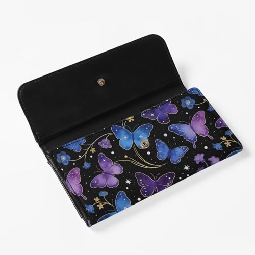 Image of AFPANQZ Purple Blue Butterfly Women's PU Leather Three Fold Wallet, Long Trifold Clutch Purse, Credit Card Money Organizer with ID Window