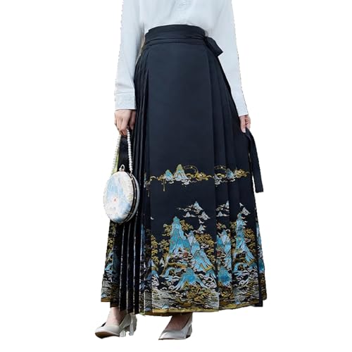 Jupe d'été courte en forme de tête de cheval noire à taille haute style hanfu moderne