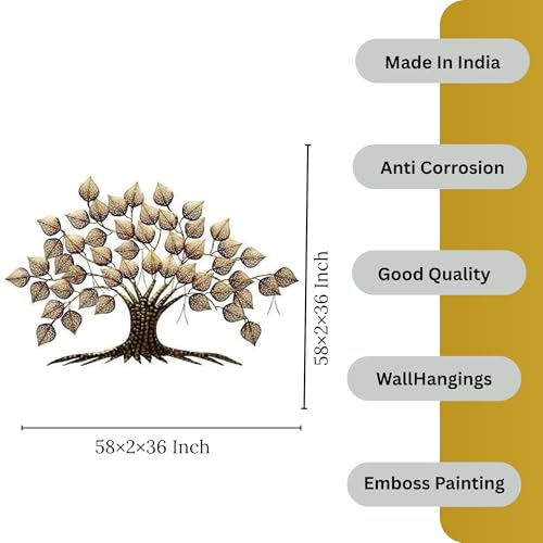 Image of Bharat Art Big Tree Metal Wall Art with LED Light | Handcrafted Iron Tree Wall Hanging for Living Room, Bedroom, Hall, Office & Entrance | Pan Tree 2 Golden (W244) | Size: 58x2x36 Inch - W244
