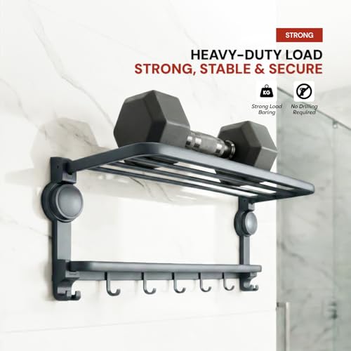 Image of Amazon Basics Suction Towel Rack for Bathroom | Rustproof Wall - Mounted Towel Holder with Hooks | Strong Vacuum Grip, No Drilling Required Grey