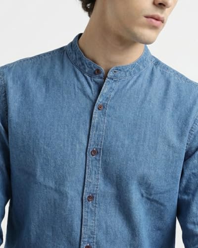 Image of Amazon Brand - INKAST Men Washed Cotton Twill Denim Casual Button Down Shirt | Mandarin Collar | Full Sleeves | Regular Fit | Stylish Summer - Everyday Wear