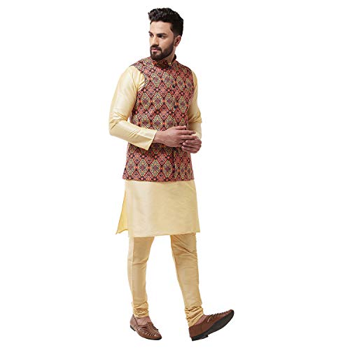 Image of SOJANYA (Since 1958 Men's Silk Blend Gold Kurta Pyjama & Printed Nehrujacket Combo
