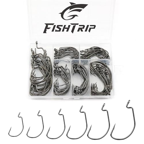 FishTrip 120pcs EWG Hooks for Bass Fishing Hooks Extra Wide Gap Offset Worm Hook Texas Rig Fish Hooks for Bass Trout Freshwater Saltwater #1 1/0 2/0 3/0 4/0 5/0