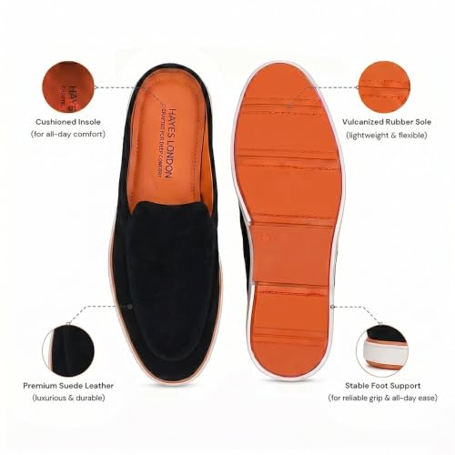 Image of HAYES LONDON Riviera Italian Suede Leather Backless Slip-On Mule Loafers for Men | Casual Summer Walk Half Shoes | Comfortable Open-Back Driving Loafers