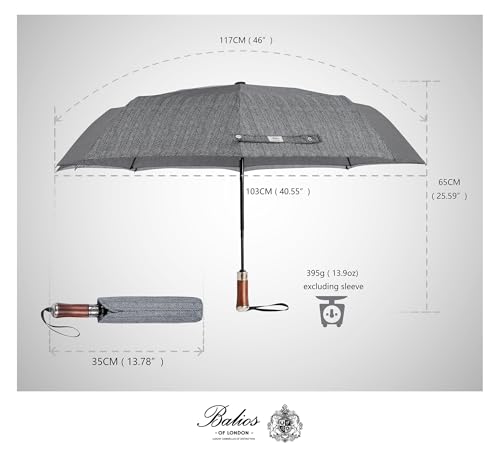 Balios (Designed in UK) Travel Umbrella Luxurious Golden Hardwood Handle Auto Open & Close Windproof Frame Single Canopy Automatic Folding Umbrella Men's & Ladies