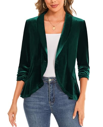 MINTLIMIT Womens Velvet Blazer Suit Button Front Ruched 3/4 Sleeve Jacket Coat Blazers Formal Events Work Office with Ruffle Hem,Green,XL