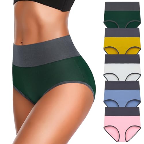 Image of Eiggam Underwear for Women Cotton High Waist Panties Full Coverage Briefs Soft Strech Ladies Breathable Panties-Multi Pack