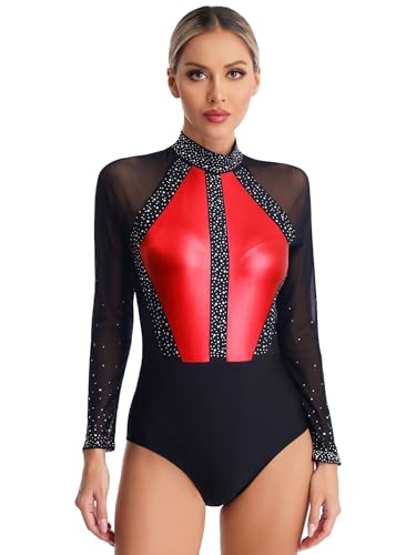 Sxiwei Gymnastikanzug Damen Langarm Glitzer Mesh Gymnastik Leotard Einteiliger Ballettbody Skating Tanz-Body Wettbewerb Tanzkostüm Rot M