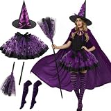 LOTIKS Fairytale Witch Cute Witch Costume Deluxe Set with Broom Hat Cloak Tutu Skirt for Teens Adult (Purple)