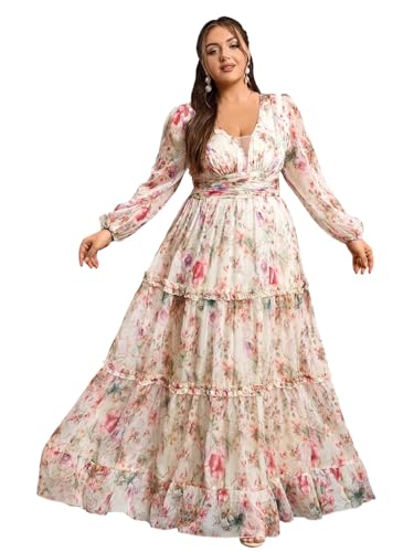 Image of Spring Summer 2024 Plus Size Womens Dresses V Neck Casual Elegant Long Sleeve Floral Print Maxi Dress