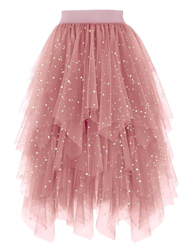 PUKAVT Tulle Skirts for Women High Waist Elastic Midi Skirt A-line Irregular Layered Mesh Tutu Skirts Sequin Blush Pink XL