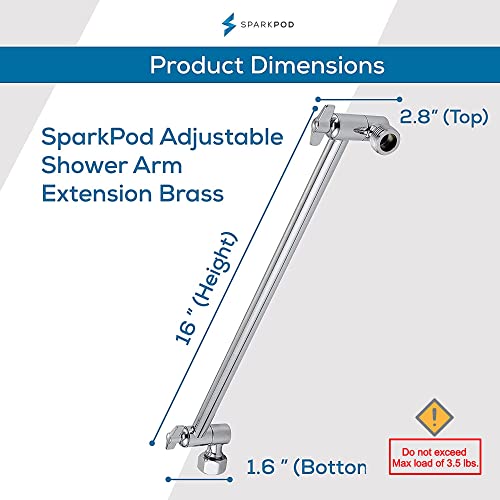 Shower Head Extension Arm By Sparkpod - 16" Solid Brass Shower Arm Extension With Universal Connection To Showerheads - Easily Adjustable Shower Arm For Rain Showerheads (Luxury Polished Chrome) #TOP1