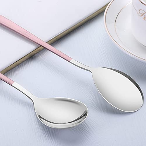 Image of YANCI Silverware Set, Stainless Steel Korean Silver Plated Round Head Soup Spoon, Table Spoon with 8.11 inch Long Handle Coffee Ice Cream Dessert Dinner Spoons Scoop (Random Color, 2 Pieces)