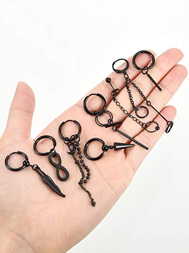 12 Pieces Hoop Dangle Earrings For Men Stainless Steel Feather Hinged Pendant Earrings Long Chain Earrings (Black) #TOP6