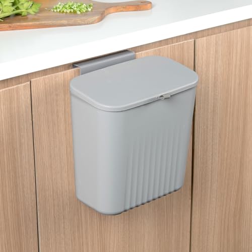 Image of Amazon Basics 9 Litre Kitchen Dustbin with Lid, Hanging Plastic Trash Can for Cabinet Door, Wall Mounted Garbage Bin, Double-Sided Open Design - Grey