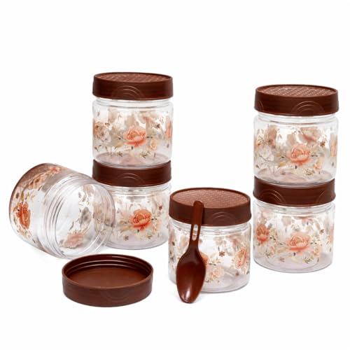 Image of Plastic Storage Box Jars and Container with Lids & Spoons Airtight Containers with Floral Design - BPA-Free, Multi-Purpose Canisters for Spices, Snacks, Dry Fruits (Brown, 250 ml)