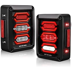 UNI-SHINE Clear Lens LED Tail Lights Compatible with Jeep Wrangler JK JKU 2007-2018, Red Hexagon Design Rear Brake Running Turn Signal Reverse Lights, Plug and Play Rear Lamps Assembly