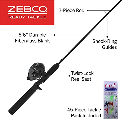 Zebco Ready Tackle Spincast Reel and Fishing Rod Combo, 5-Foot 6-Inch 2-Piece Fishing Pole, Size 30 Reel, Right-Hand Retrieve, Pre-spooled with 10-Pound Zebco Line, 45-Piece Tackle Kit, Black