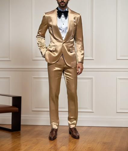 Men's Silk Satin Suits 2 Piece Casual Suit for Men Slim Fit Shiny Tuxedo Suit Blazer Jacket Pants Sets for Wedding Party Prom2