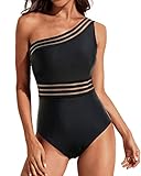 Tempt Me Women One Shoulder One Piece Swimsuits Tummy Control Bathing Suits Mesh Swimwear Black Medium