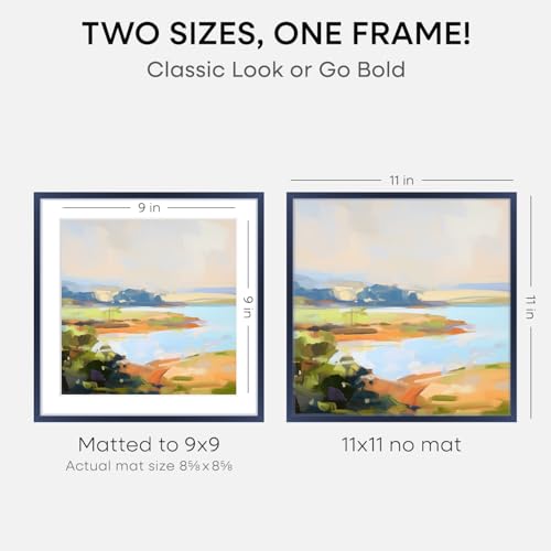 Image of Homeforia 11x11 Navy Blue Picture Frame, High End Metal 11 by 11 Square Frames with Mat 9 x 9 Photo, 11by11 Poster Frame Matted to 9x9 inch Art, Wall Hanging Frames, Tempered Glass, Wall Kit, Set of 2