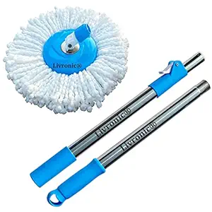 Livronic Floor Cleaner Mop Stick Rod Only with One Microfiber Refill - Stainless Steel Mop Handle with 1 Microfiber Mop Head/Refill with Heavy Locking System (Blue)