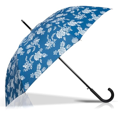 Isotoner Parapluie canne, ultra dérperlant, solide, ouverture automatique/fermeture manuelle, fleur coquillage bleu