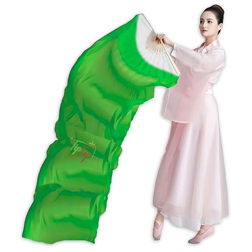 Image of Premium Dancing Long Veil Bamboo Folding Streamer Silk Hand Fan For Dance Shows (Monarch Green, Pack of 1 Piece)