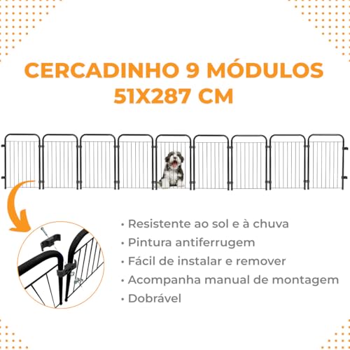 Cercado Caes Pet Cachorro Grade Cerca 9 Módulos 51 cm Altura (Preto)