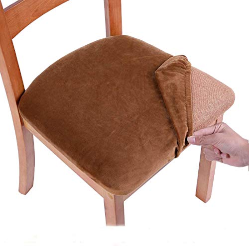smiry Fundas elásticas para asientos de comedor, fundas de terciopelo para sillas de comedor, fundas de asiento extraíbles y lavables, juego de 1, color beige