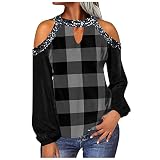 Damen Plaid T-Shirt Sexy Schulterfreie Langarm Tops Cold Shoulder Trägerlos mit Rundhalsausschnitt Langarm Tunika Top Bluse Modish Karierter Druck Lockeres T-Shirt mit Langen Ärmeln Pullover