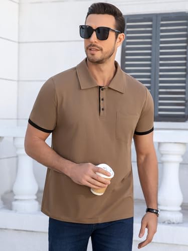 Polo para hombre con puños contrastantes y cuello de verano, casual, de manga corta y 3 botones, con bolsillo miniatura 3