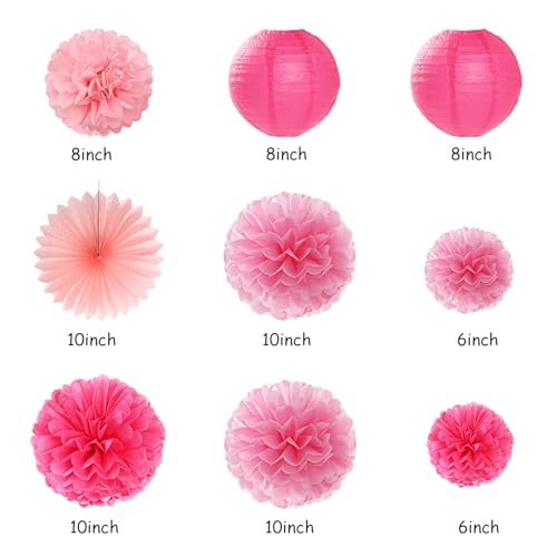 Image of Hot Pink Birthday Party-Decorations Paper-Flowers - 14pcs Happy Banner Girl Lanterns Tissue Pom Poms,Women Streamers Garland Fans,21st 18th Princess Baby Sweet 16 Pretty Hanging Supplies Decor Hugfond