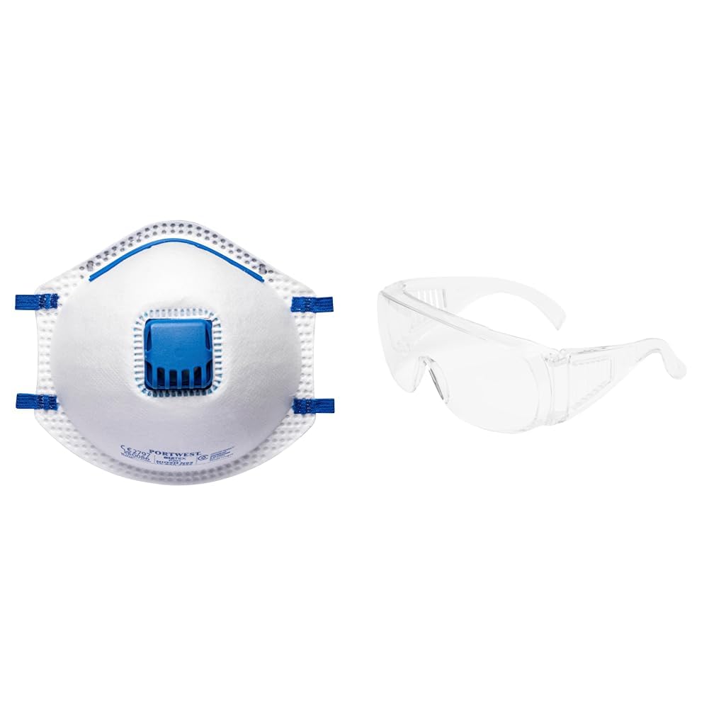 Portwest P201WHR FFP2 Mascherina Anti Polvere con Valvola, Bianco, Confezione da 10 pezzi & OCCHIALI SICUREZZA unisex 3M ART. 71448 VISITOR