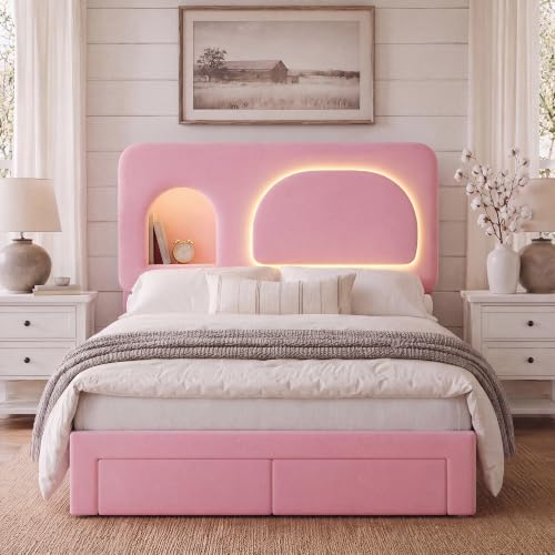 Image of Full Storage Bed Frame with Bookcase Headboard & Charging Station, Beige