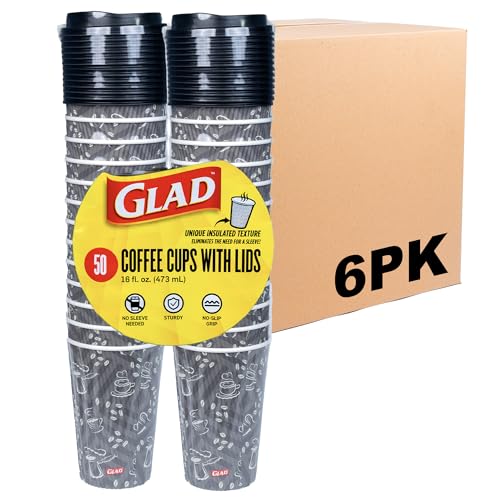 Glad Disposable Coffee Cups with Lids, 16 Oz Insulated Paper Hot Cups, No Sleeve Needed, Textured Non-Slip Grip, Fits Most Single-Serve Brewers, Java Mocha Print, 50 Cups and 50 Lids - 6 Pack