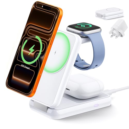 iVANKY Wireless Charging Station for iPhone 17, 3 in 1 Foldable Charger for MagSafe Magnetic Stand for iPhone 17/16/15/14/13/12/11/X Pro/Max/Plus/Air, Apple iWatch, Airpods (with 33 W PD Charger)