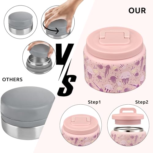 Image of JXXM 8 Oz Thermo Food Jar for Hot & Cold Food for Kids, Insulated Lunch Containers Hot Food Jar,Leak-Proof Vacuum Stainless Steel Wide Mouth Lunch Soup Thermo for School (Pink-Jellyfish)